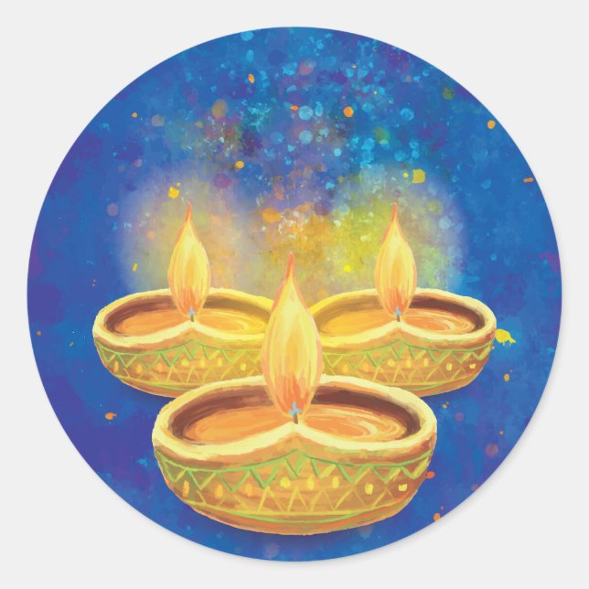 Happy Diwali hand painted illuminating candles Classic Round Sticker (Front)