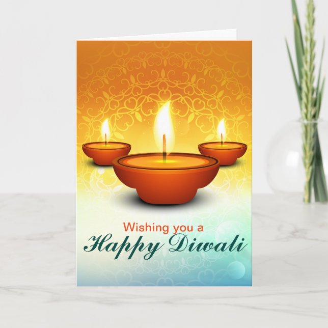 Happy Diwali lightning oil lamps golden green Card (Front)