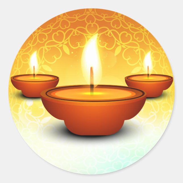Happy Diwali lightning oil lamps golden green Classic Round Sticker (Front)