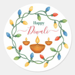 Happy Diwali Lights and Diyas Design Classic Round Sticker