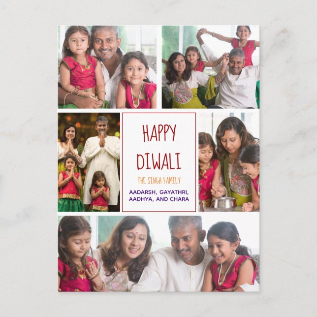 Happy Diwali Modern Photo Collage Red Holiday Postcard (Front)