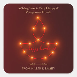 Happy Diwali Oil Lamp of Glowing String Lights  Square Sticker