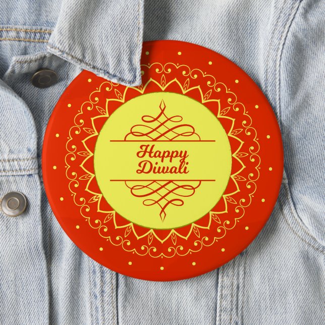 Happy Diwali Orange Cream Mandala Modern 6 Cm Round Badge (In Situ)