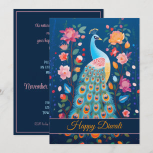 Happy Diwali Peacock & Flowers Invitation