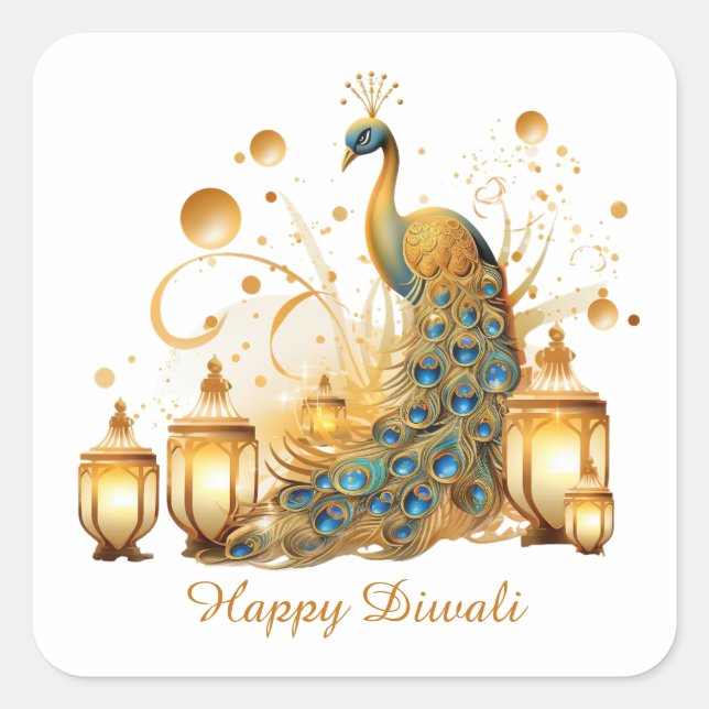 Happy Diwali Peacock Lantern Festival of Light Square Sticker (Front)