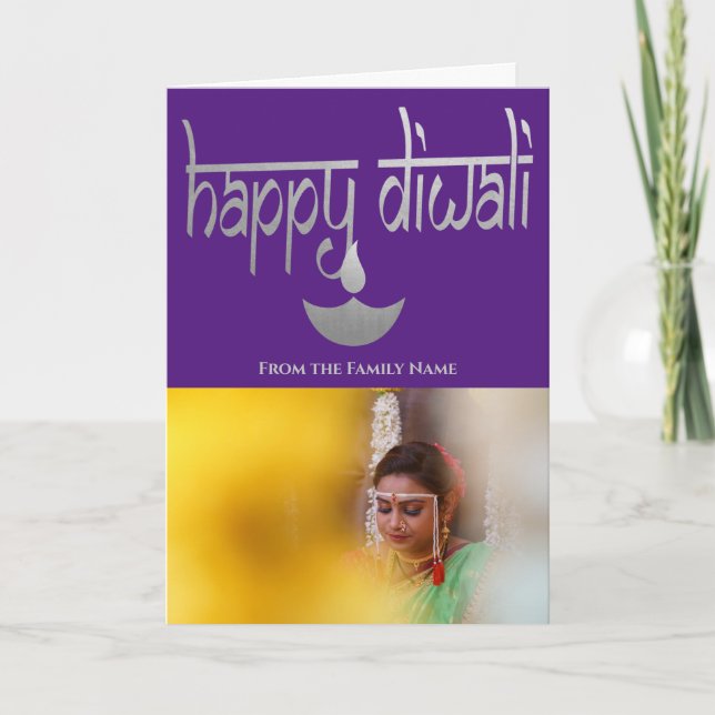 Happy Diwali Photo Personalised Purple and Silver Card (Front)