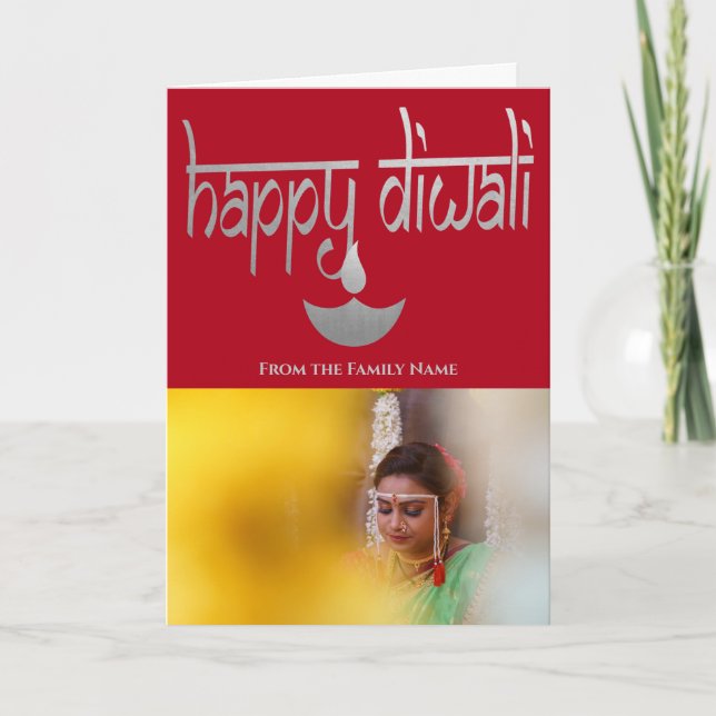 Happy Diwali Photo Personalised Silver And Red Card (Front)