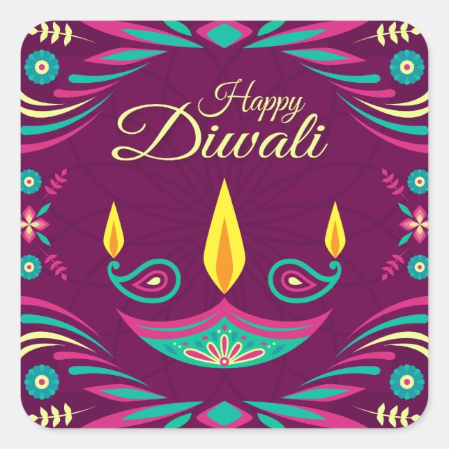 Happy Diwali purple and teal candles illustration Square Sticker (Front)