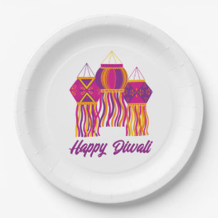 Happy Diwali Purple Pink Yellow Lantern Custom Paper Plate