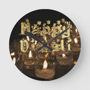 Happy Diwali Quote Black Gold Typography Candles Round Clock