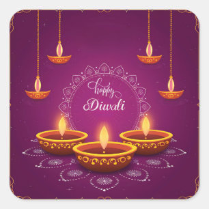 Happy Diwali Rangoli Diya Festival of Light Purple Square Sticker