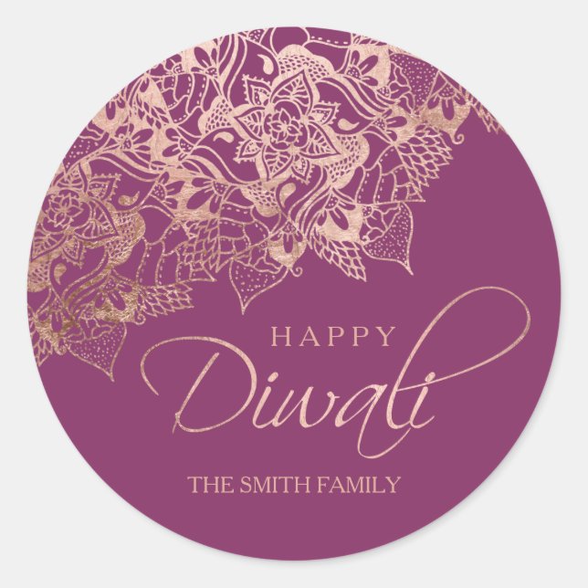 Happy Diwali typography rose gold mandala purple Classic Round Sticker (Front)