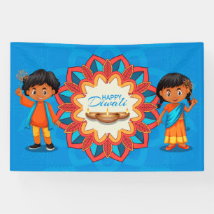 Happy Diwali with Children, Rangoli and Diya Banner
