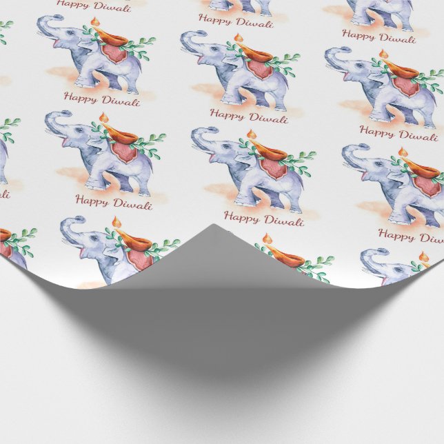 Happy Diwali with Diya and Elephant  Wrapping Paper (Corner)