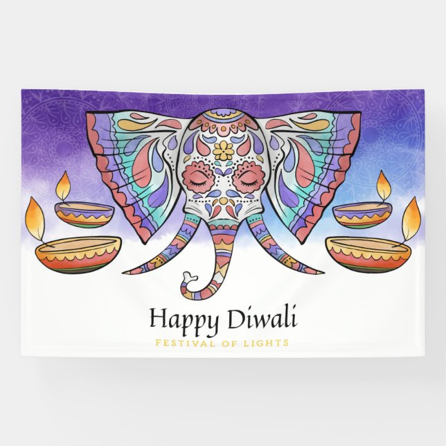 Happy Diwali with Ganesh, Rangoli and Diya Banner (Horizontal)