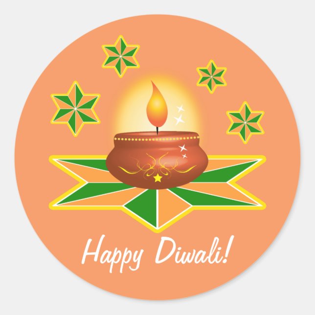 Happy Diwali with Lantern Classic Round Sticker (Front)
