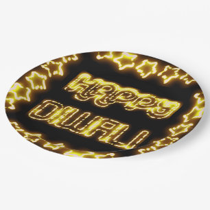 Happy Diwali Yellow Golden Lights Typography Stars Paper Plate