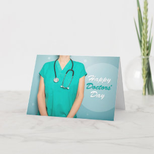 Happy Doctors Day Female in Scrubs and Stethoscope Holiday Card