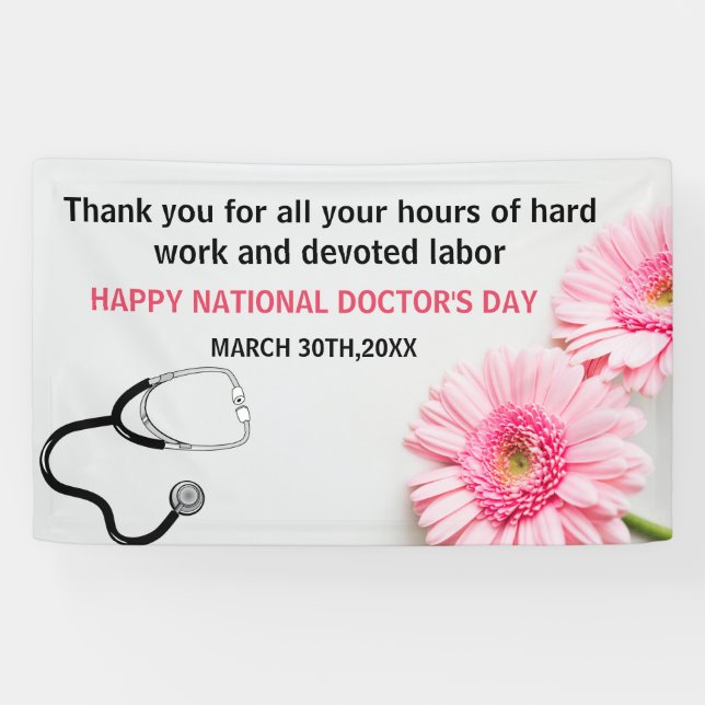 Happy Doctors Day Stethoscope & Pink Daisy Banner (Horizontal)