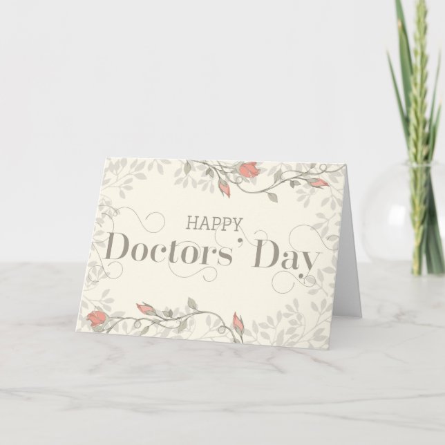 Happy Doctors' Day - Swirly Text and Flowers Cream Thank You Card (Front)