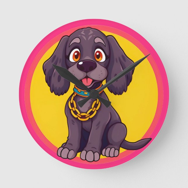 Happy Dog Cartoon Illustration Round Clock (Front)