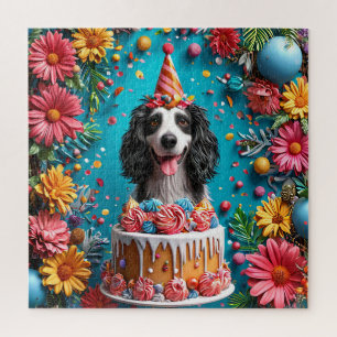 Happy Dog Celebrating Birthday With Colourful Cake Jigsaw Puzzle