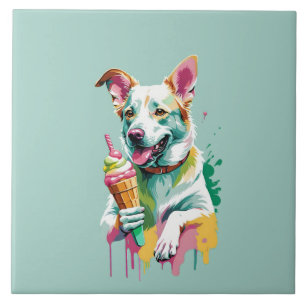 Happy Dog eating an ice-cream Ceramic Tile
