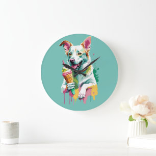Happy Dog eating an ice-cream Large Clock