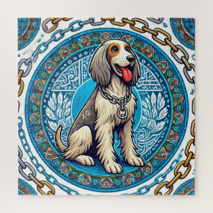Happy Dog Framed by Decorative Patterns Jigsaw Puzzle