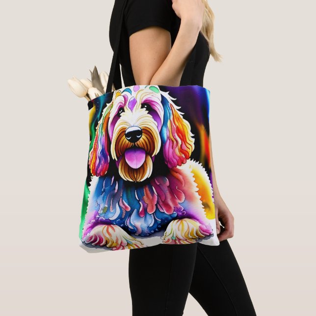 Happy Dog Goldendoodle Watercolor Design Tote Bag (Close Up)