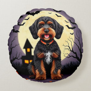 Happy Dog in Halloween Theme Round Cushion