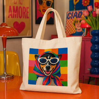 Happy Dog in Rainbow Babushka Scarf Pop Art Large Tote Bag