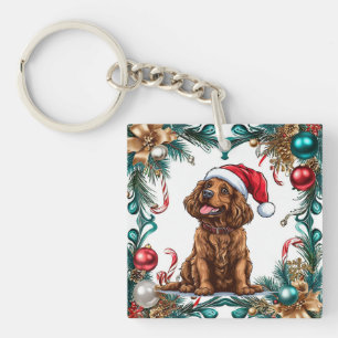 Happy Dog in Santa Hat Celebrating Christmas Key Ring