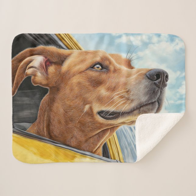 Happy Dog in Yellow Car Art Print Sherpa Blanket (Front (Horizontal))