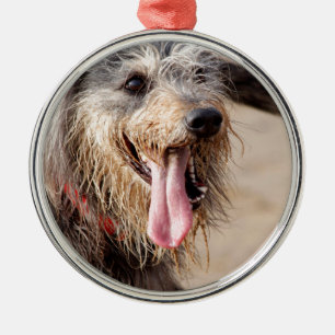Happy dog on a beach metal ornament