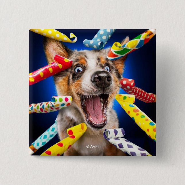 Happy Dog Party Blowers 15 Cm Square Badge (Front)