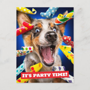 Happy Dog Party Blowers Invitation Postcard