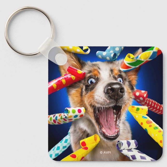 Happy Dog Party Blowers Key Ring (Front)