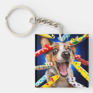 Happy Dog Party Blowers Key Ring
