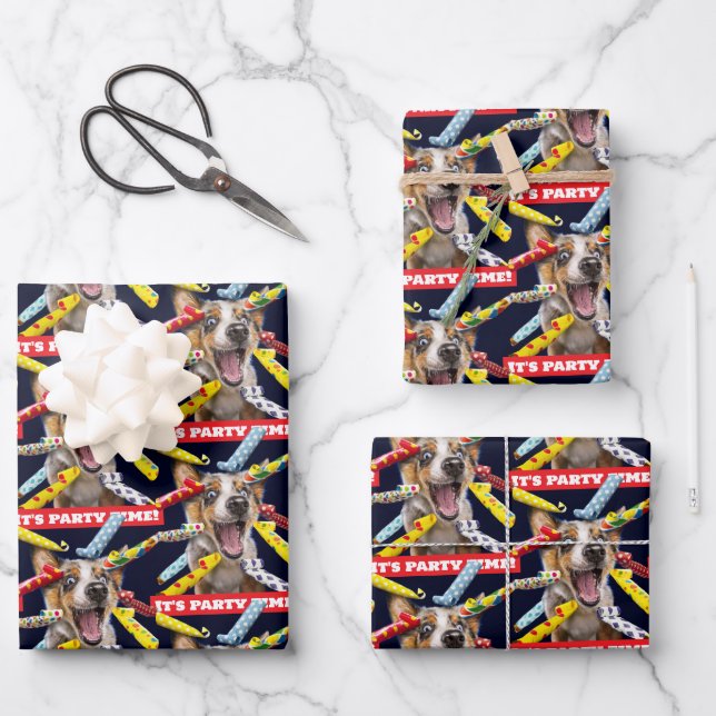 Happy Dog Party Blowers Wrapping Paper Sheet (Front)