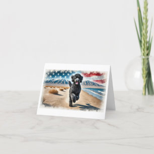 Happy dog running on beach in USA Holiday Card