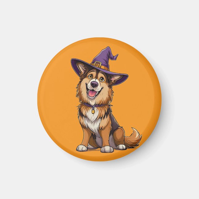 Happy Dog Wearing a Witch Hat Magnet (Front)