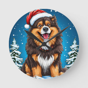 Happy Dog Wearing Santa Hat Round Clock