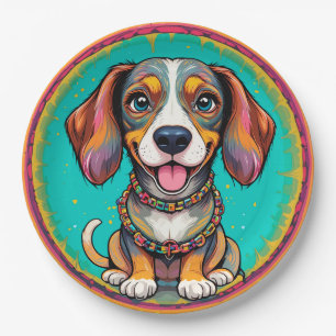 Happy Dog With a Colourful Collar Paper Plate