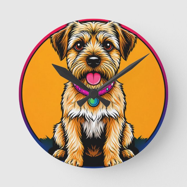 Happy Dog With a Colourful Collar Round Clock (Front)
