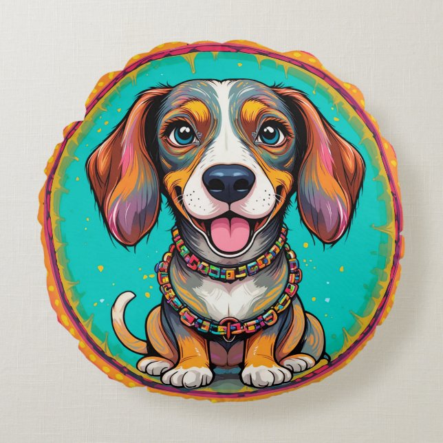 Happy Dog With a Colourful Collar Round Cushion (Front)