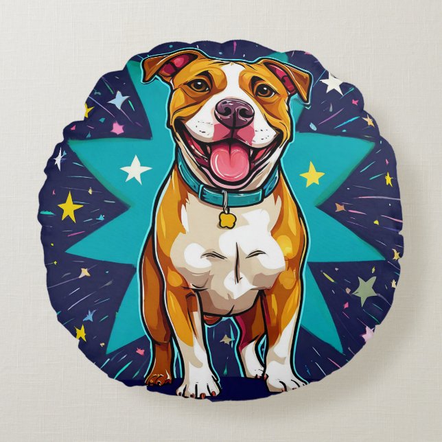 Happy Dog With Star Background Round Cushion (Front)