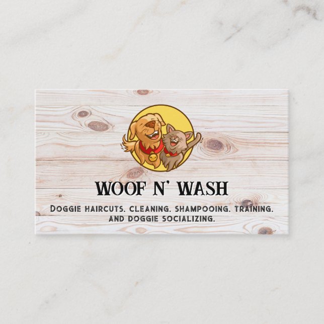 Happy Doggie and Kittie | Wooden Boards Business Card (Front)