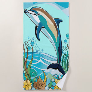 Happy Dolphin Jumping from Tropical Ocean Beach Towel