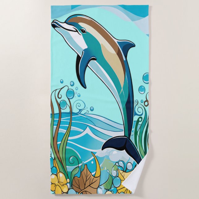 Happy Dolphin Jumping from Tropical Ocean Beach Towel (Front)